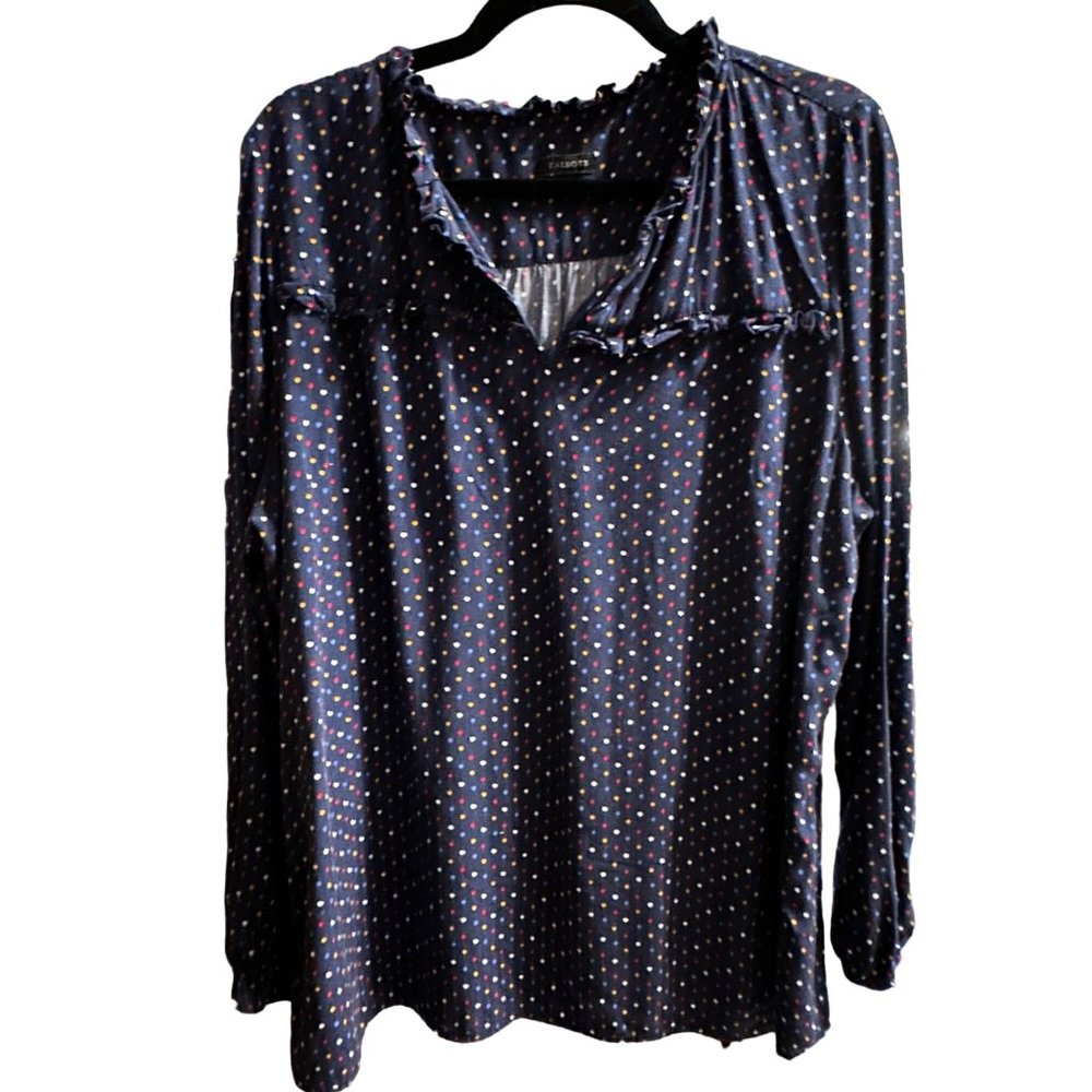 Talbots size XL navy polka dot print long sleeve small ruffle trim v neck top